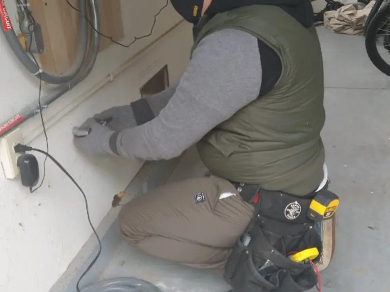 Electrician performing outlet wiring in a Gloversville garage